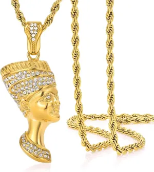 ROWIN&CO Gold Iced Out Diamonds Nefertiti Necklace for Women Men Ancient Egyptian Queen Amulet Pendant Jewelry Gifts Chain for Mother's Her