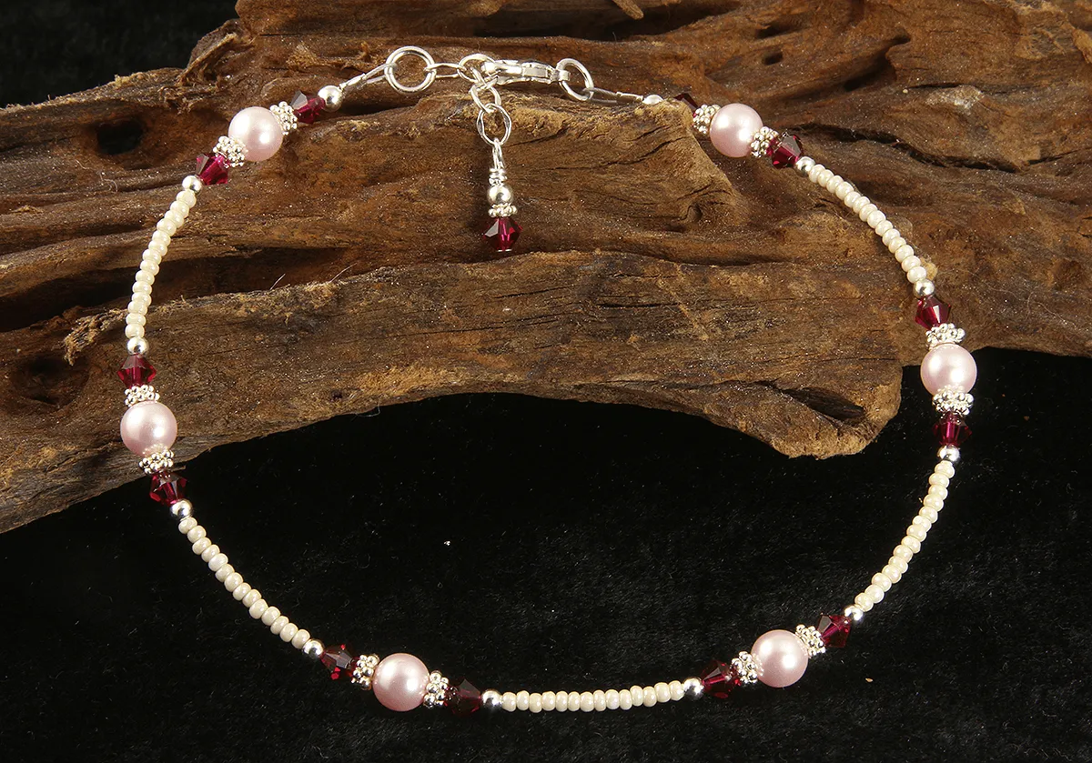 Ruby Pink Pearl Beaded Anklet