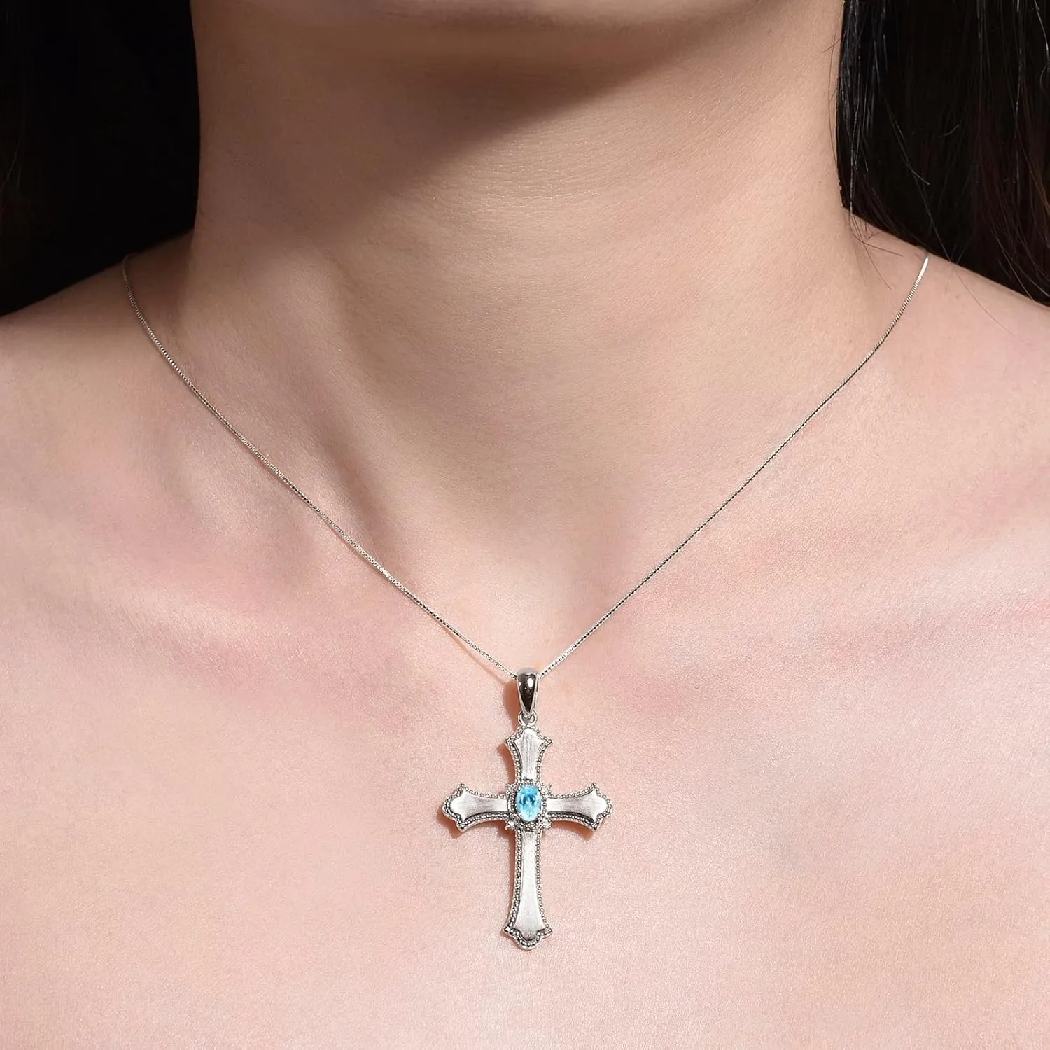 RYLOS Cross Necklace with Gemstones, Diamonds & 18" Chain - 6X4MM Birthstone Pendant for Women - Elegant Diamond Jewelry, Sterling Silver