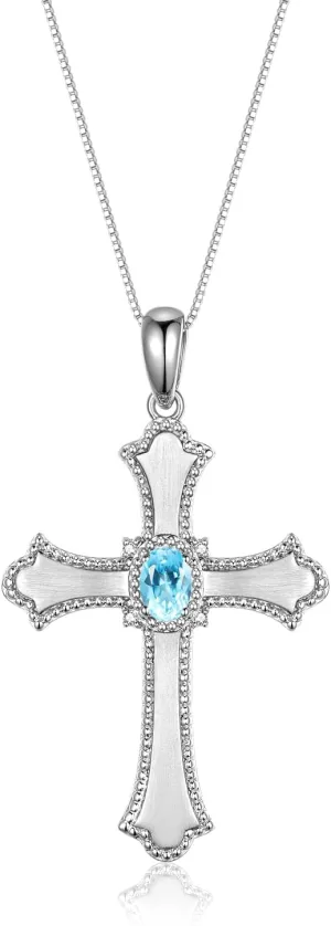 RYLOS Cross Necklace with Gemstones, Diamonds & 18" Chain - 6X4MM Birthstone Pendant for Women - Elegant Diamond Jewelry, Sterling Silver