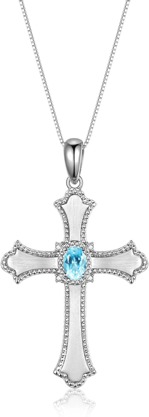 RYLOS Cross Necklace with Gemstones, Diamonds & 18" Chain - 6X4MM Birthstone Pendant for Women - Elegant Diamond Jewelry, Sterling Silver