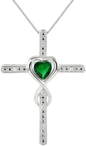 Rylos Heart Gemstone & Diamond Cross Necklace. 6MM Birthstone. 18" Chain. Elegant Jewelry for Women - Sterling Silver