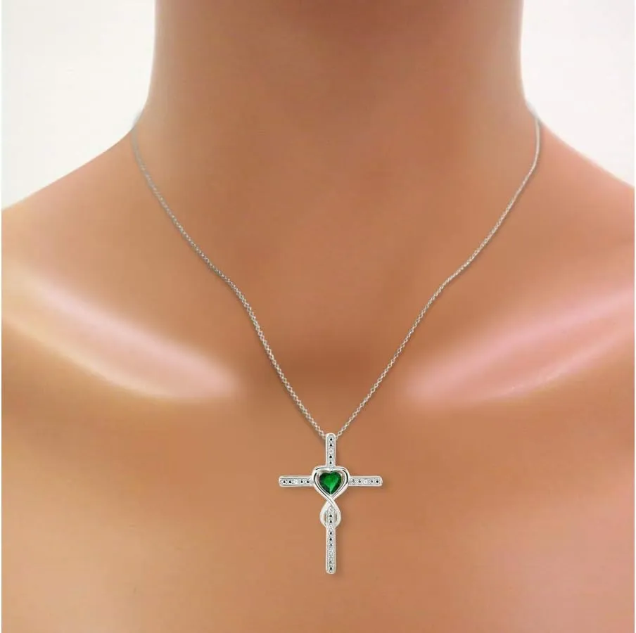 Rylos Heart Gemstone & Diamond Cross Necklace. 6MM Birthstone. 18" Chain. Elegant Jewelry for Women - Sterling Silver