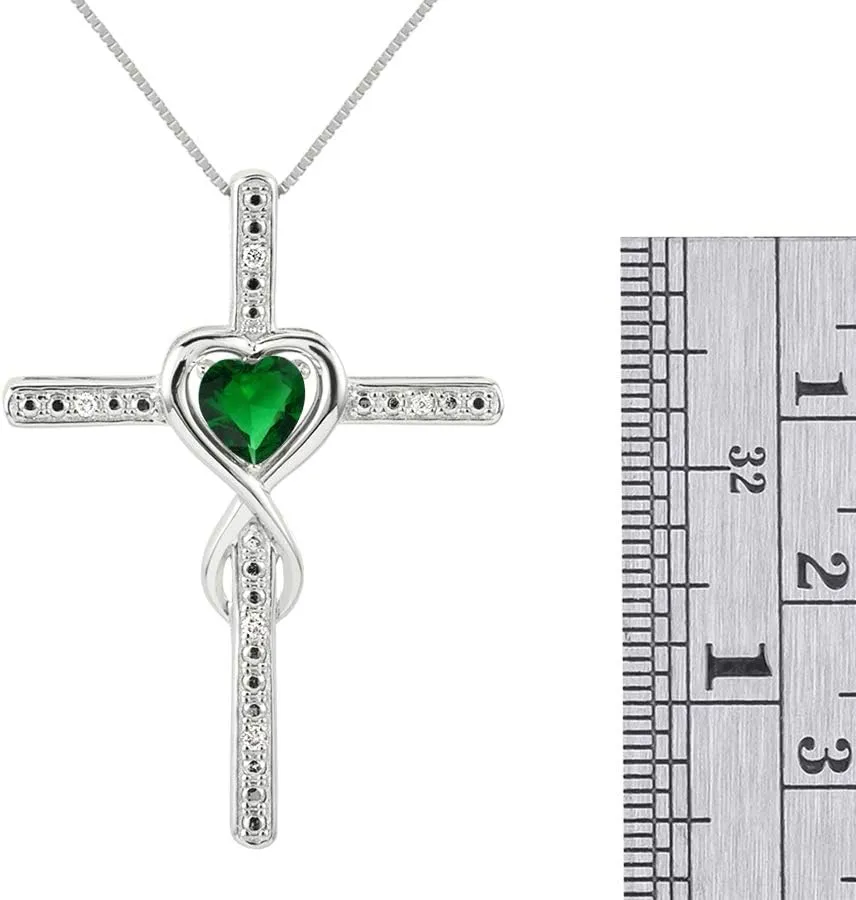 Rylos Heart Gemstone & Diamond Cross Necklace. 6MM Birthstone. 18" Chain. Elegant Jewelry for Women - Sterling Silver