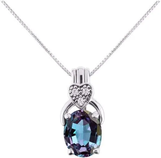 RYLOS Sterling Silver Classic Designer Necklace: Gemstone & Diamond Pendant, 18" Chain, 9X7MM Birthstone, Elegant Women's Jewelry