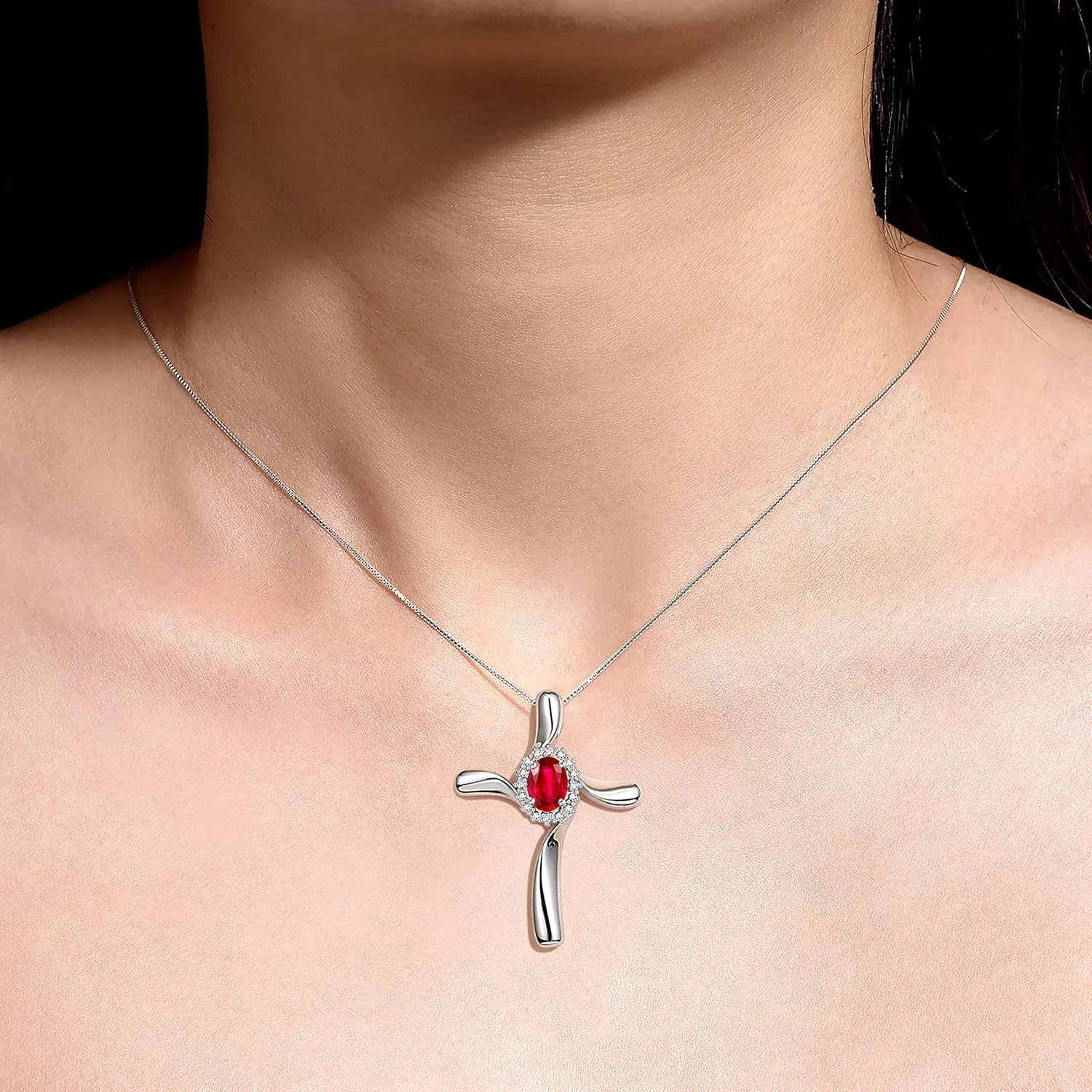 RYLOS Sterling Silver Cross Necklace: Gemstone & Diamond Pendant, 18" Chain, 7X5MM Birthstone, Elegant Women's Jewelry