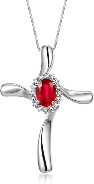 RYLOS Sterling Silver Cross Necklace: Gemstone & Diamond Pendant, 18" Chain, 7X5MM Birthstone, Elegant Women's Jewelry