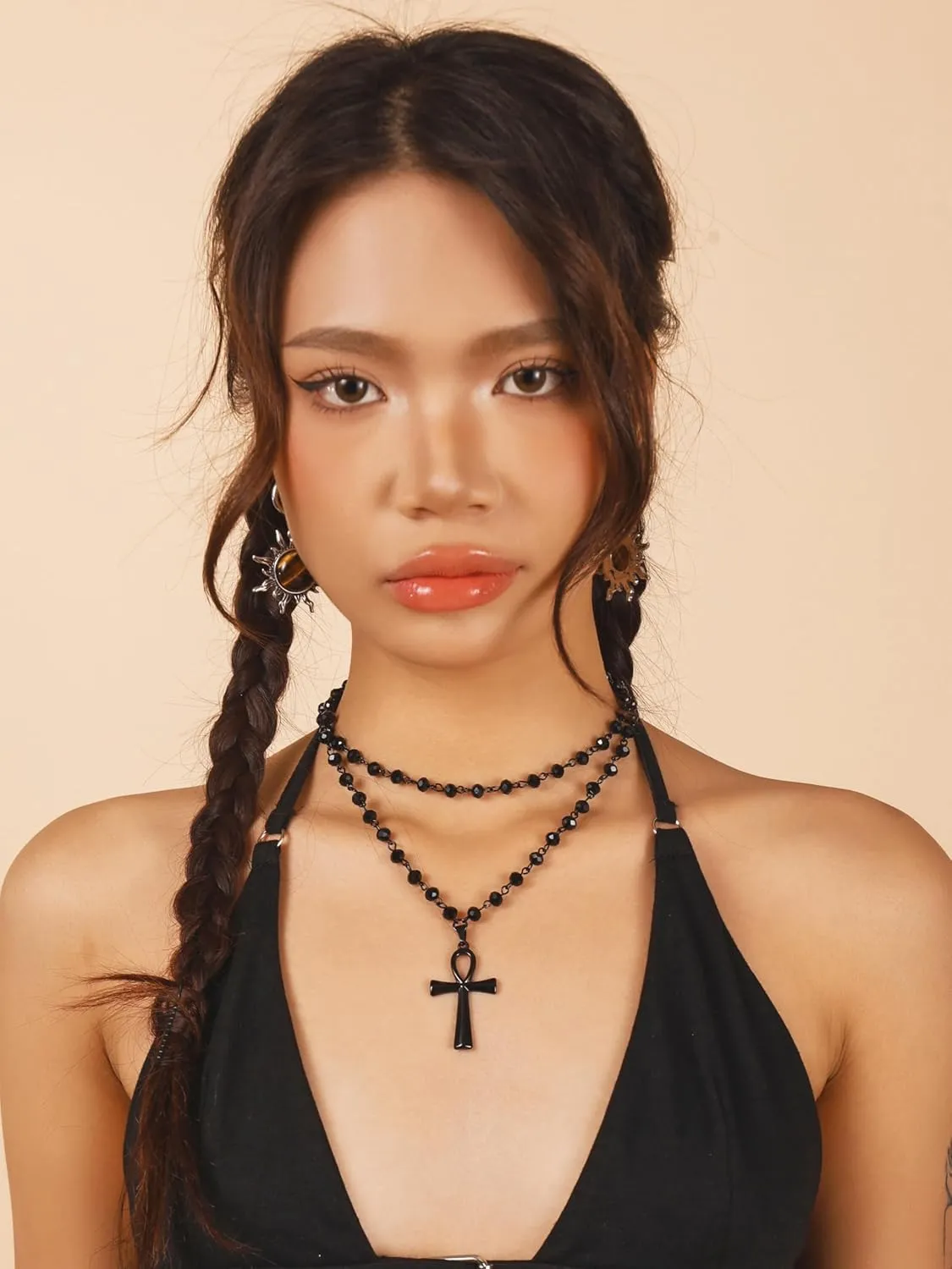Sacina Layered Black Ankh Cross Choker, Beaded Choker, Gothic Emo Punk Grunge Necklace, Goth Jewelry, Halloween Christmas Jewelry Gift for Women