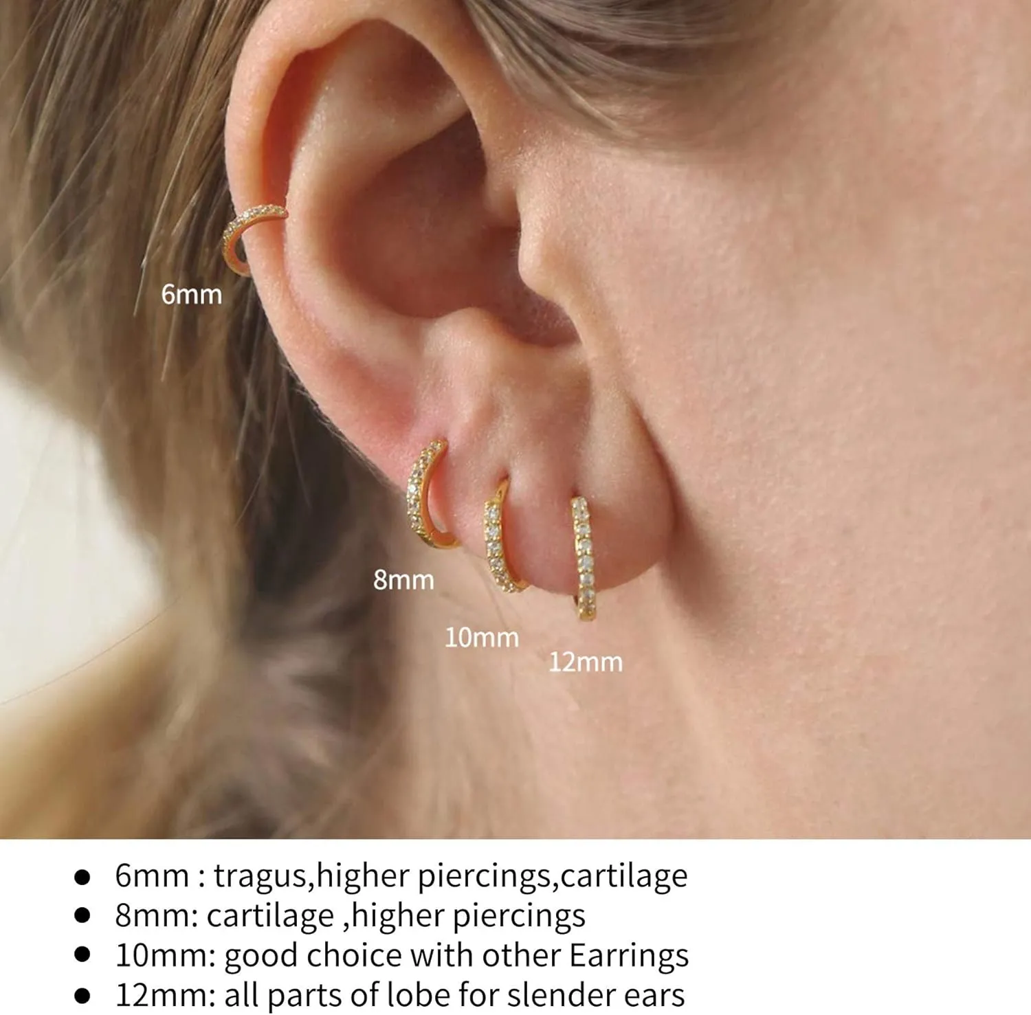 SANNYRA Hoops Earrings for Women, Small cartilage Diamond Sterling Silver Huggie Hoop Earrings, 6mm 8mm 10mm 12mm Cz Ear Studs for Men Women