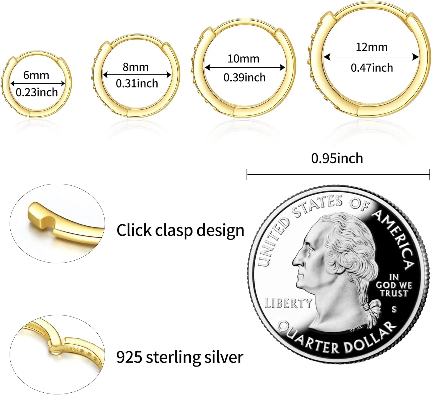 SANNYRA Hoops Earrings for Women, Small cartilage Diamond Sterling Silver Huggie Hoop Earrings, 6mm 8mm 10mm 12mm Cz Ear Studs for Men Women