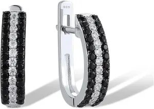Santuzza 925 Sterling Silver Black & White 3-Row Earrings Black Spinel Cubic Zirconia Dangle Earrings for Women
