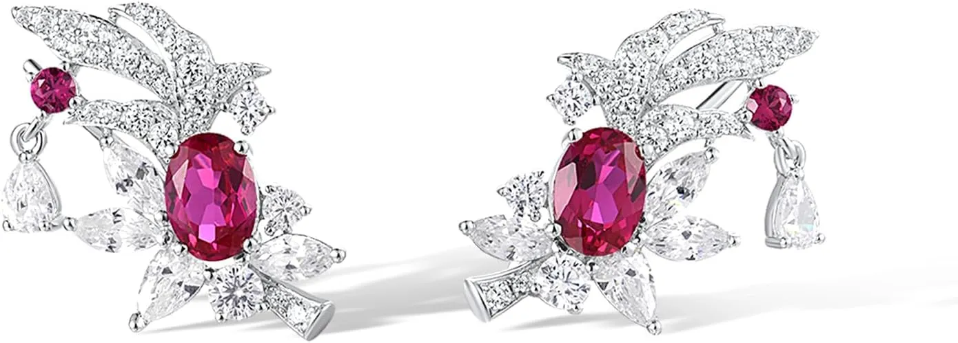 Santuzza 925 Sterling Silver Gemstone Orchid Earrings Created Ruby Cubic Zirconia Flower Leaf Stud Earrings for Women
