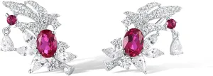 Santuzza 925 Sterling Silver Gemstone Orchid Earrings Created Ruby Cubic Zirconia Flower Leaf Stud Earrings for Women
