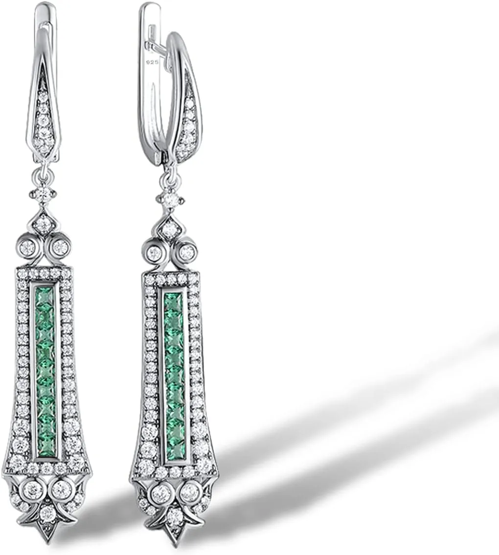 Santuzza 925 Sterling Silver Green Spinel Cubic Zirconia Linear Geometric Drop Earrings for Women