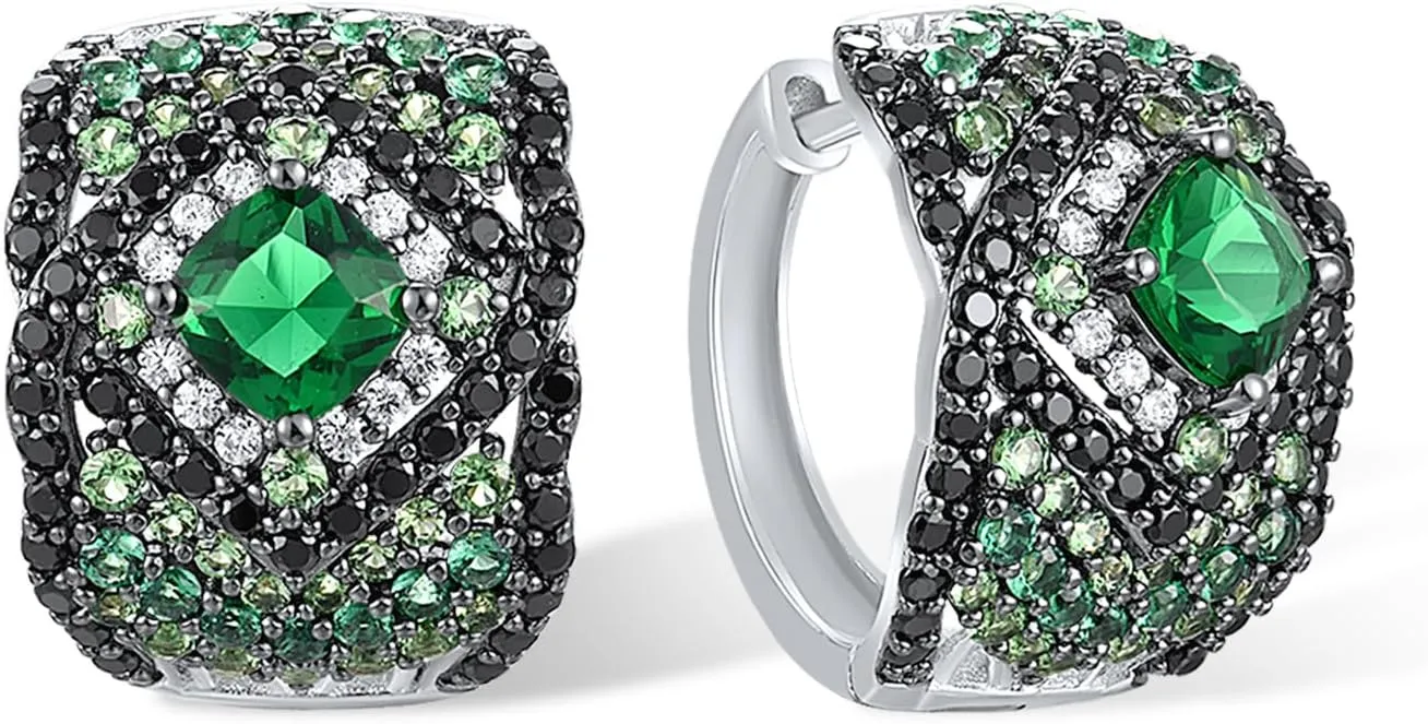 Santuzza 925 Sterling Silver Rhombus Pattern Hoop Earrings Green Glass White Cubic Zirconia Huggie Earring for Women
