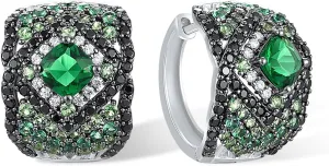Santuzza 925 Sterling Silver Rhombus Pattern Hoop Earrings Green Glass White Cubic Zirconia Huggie Earring for Women