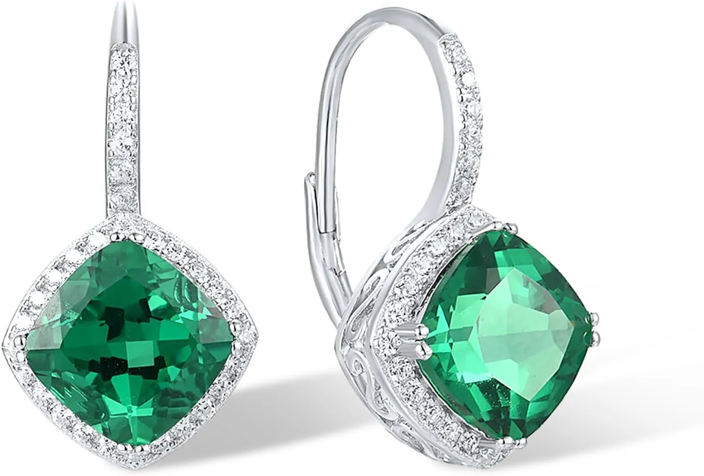 Santuzza 925 Sterling Silver Rhombus Shape Earrings Green Spinel White Cubic Zirconia Dangle Earrings for Women