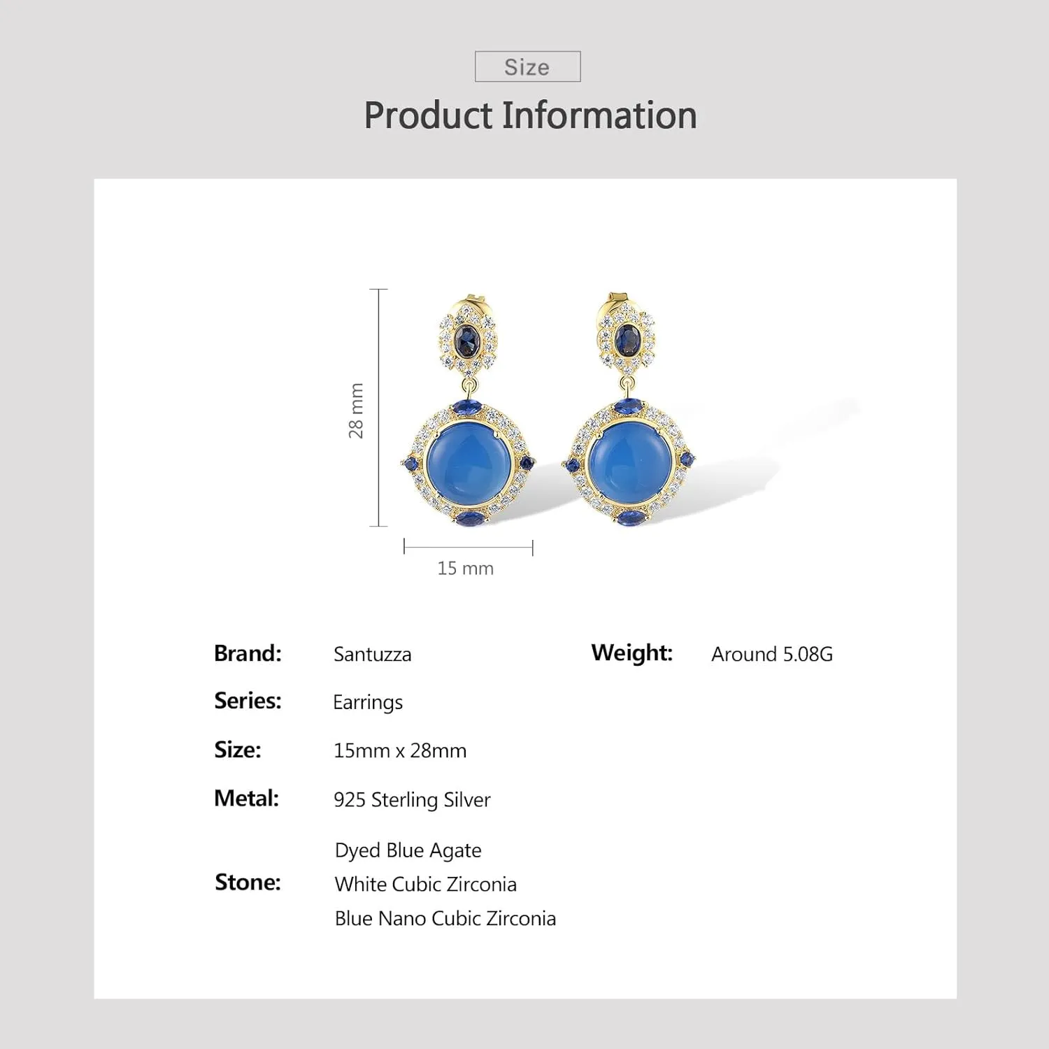 Santuzza 925 Sterling Silver Shape Dyed Agate Earrings Nano Cubic Zirconia Stud Earrings for Women