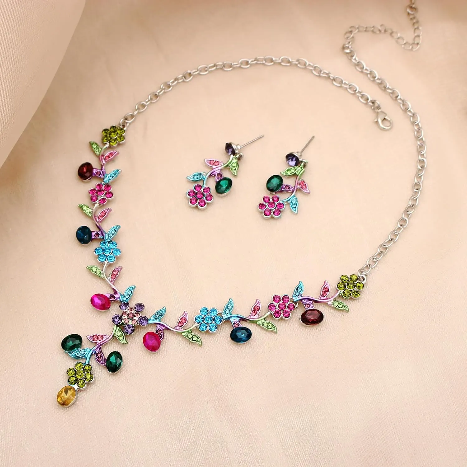 SFE Elegant Austrian Crystal Bridal Bridesmaid Wedding Jewelry Flower Leaf Necklace Dangle Earrings Link Bracelet Jewelry Set for Women