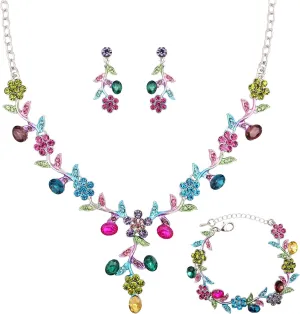 SFE Elegant Austrian Crystal Bridal Bridesmaid Wedding Jewelry Flower Leaf Necklace Dangle Earrings Link Bracelet Jewelry Set for Women