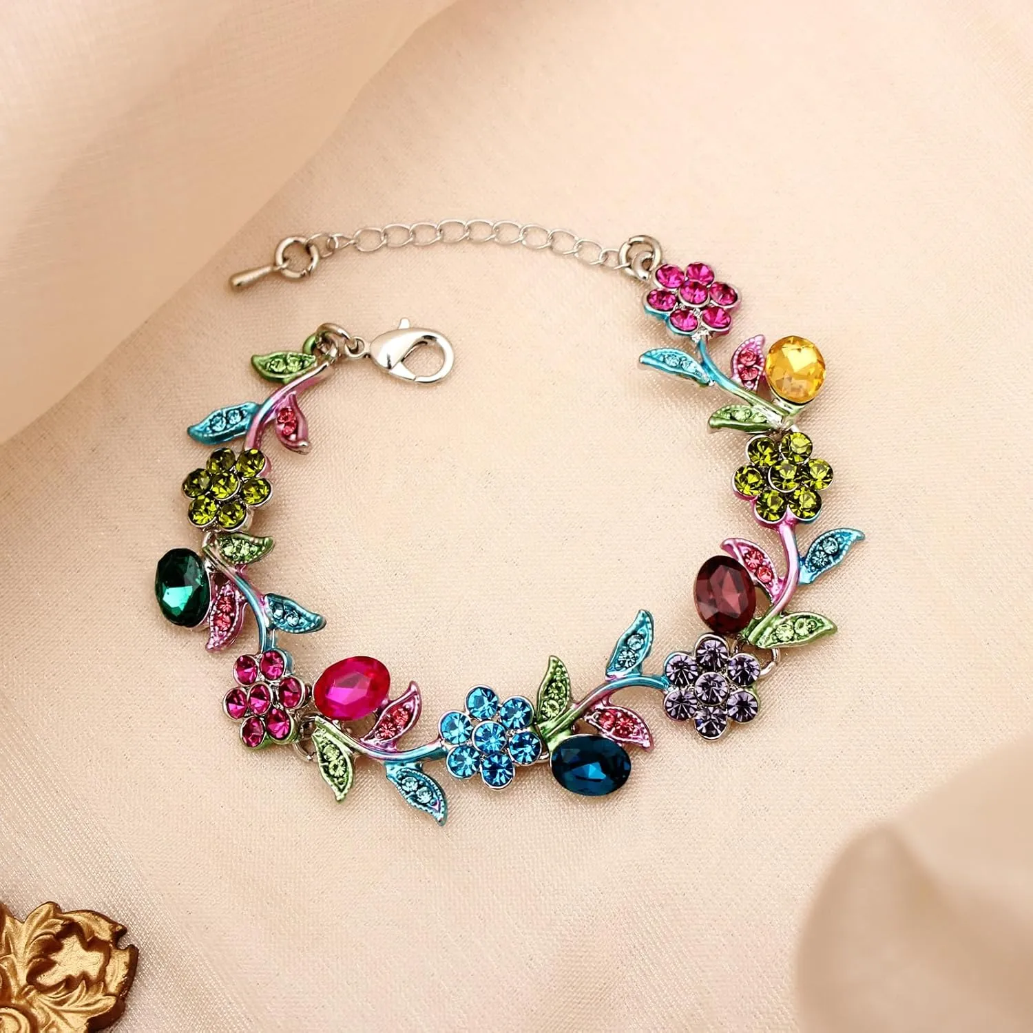 SFE Elegant Austrian Crystal Bridal Bridesmaid Wedding Jewelry Flower Leaf Necklace Dangle Earrings Link Bracelet Jewelry Set for Women