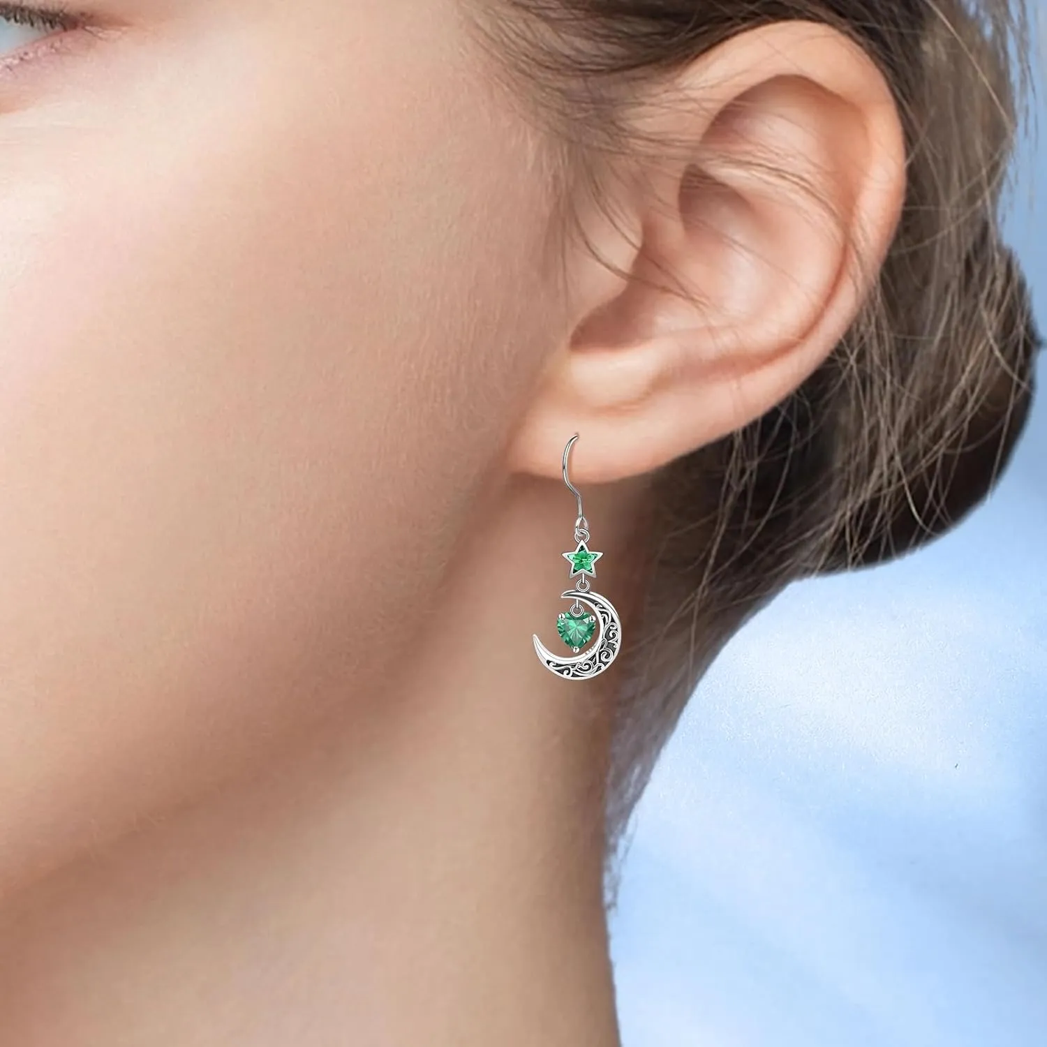 Shysnow Moon Birthstone Earrings for Women 925 Sterling Silver Half Moon Star Dangle Drop Earrings with Heart Crystal Birthday Jewelry for Women