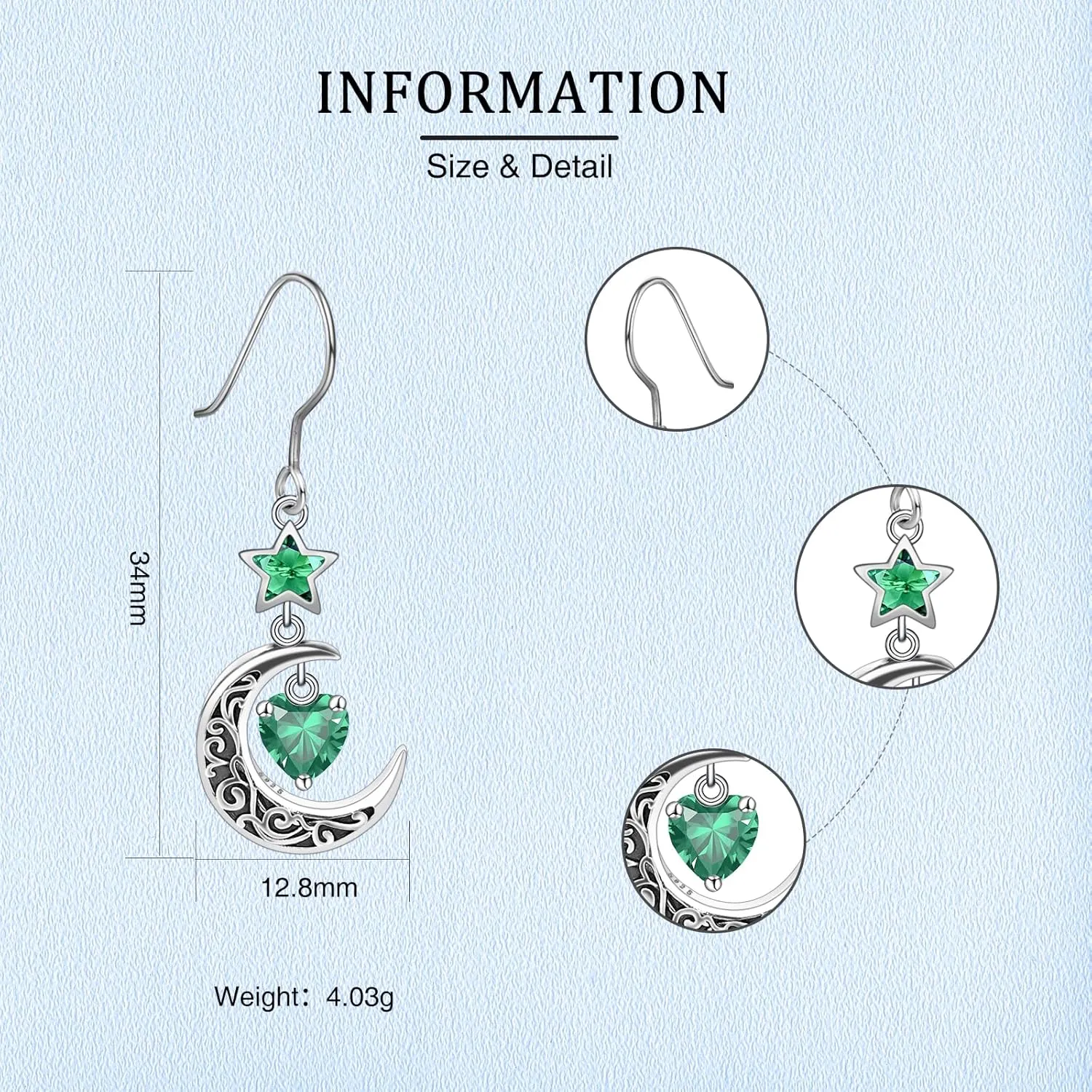 Shysnow Moon Birthstone Earrings for Women 925 Sterling Silver Half Moon Star Dangle Drop Earrings with Heart Crystal Birthday Jewelry for Women