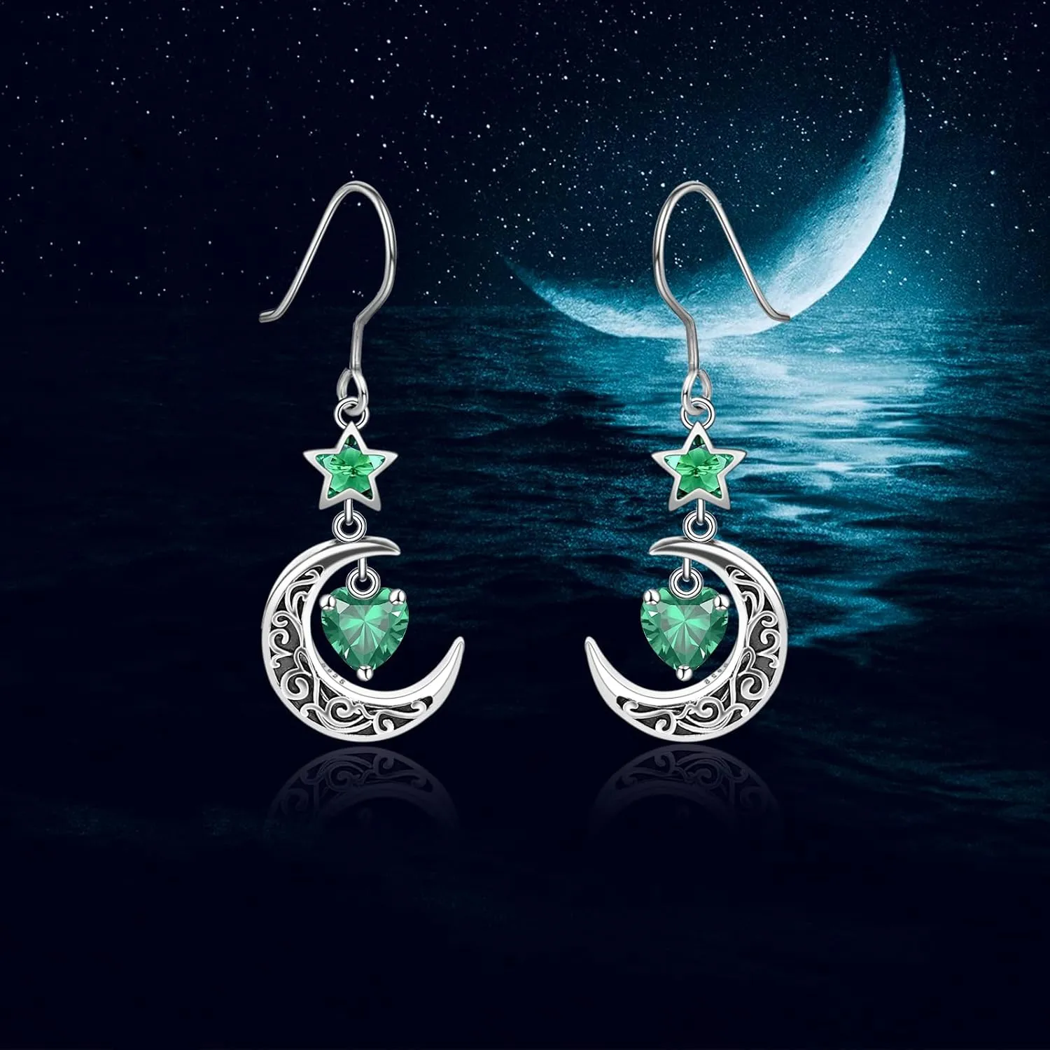 Shysnow Moon Birthstone Earrings for Women 925 Sterling Silver Half Moon Star Dangle Drop Earrings with Heart Crystal Birthday Jewelry for Women