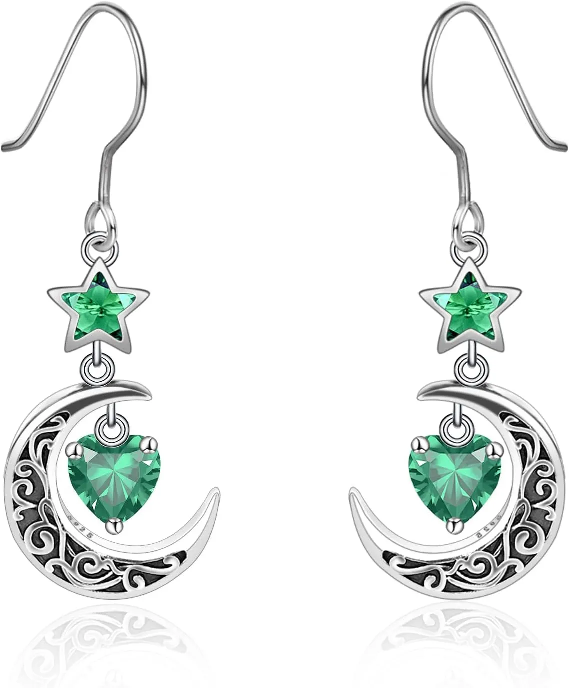 Shysnow Moon Birthstone Earrings for Women 925 Sterling Silver Half Moon Star Dangle Drop Earrings with Heart Crystal Birthday Jewelry for Women