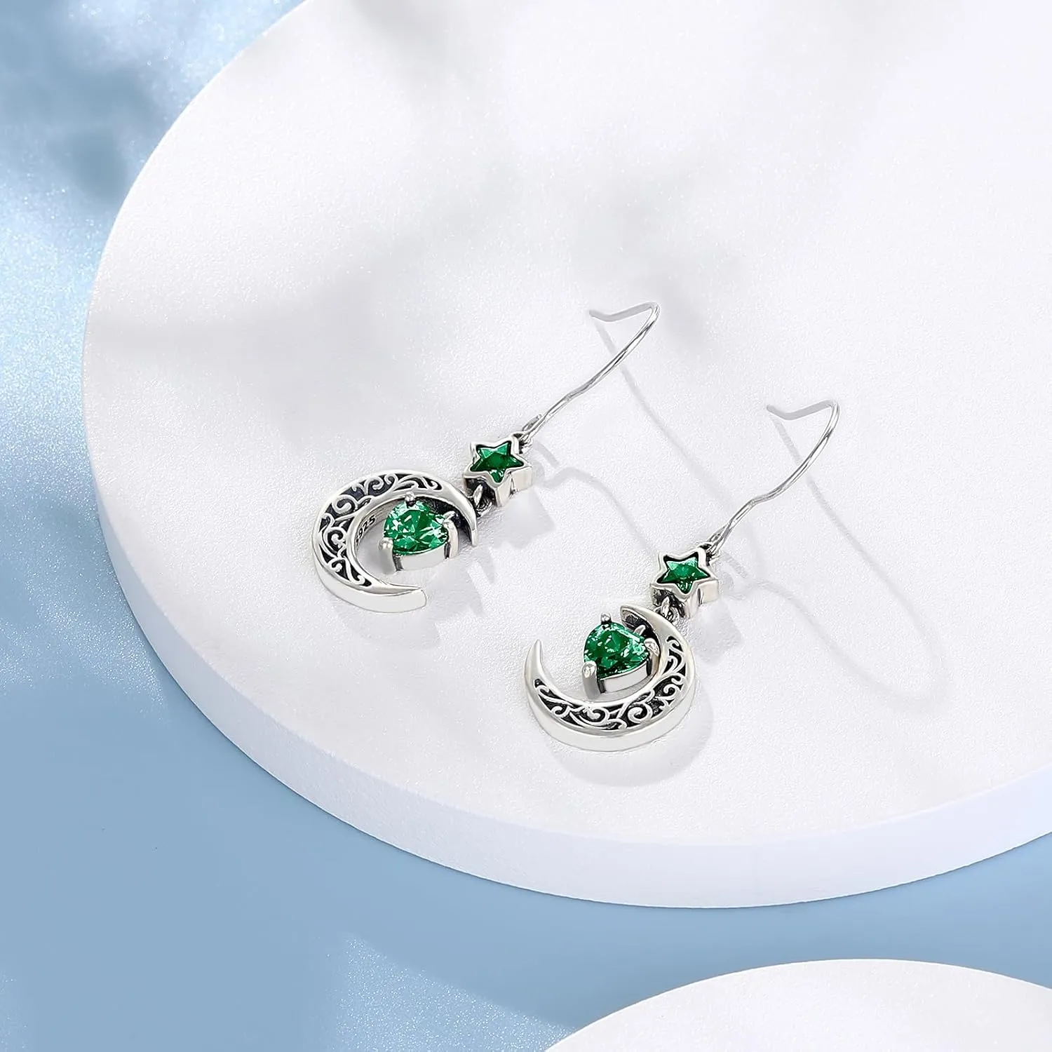 Shysnow Moon Birthstone Earrings for Women 925 Sterling Silver Half Moon Star Dangle Drop Earrings with Heart Crystal Birthday Jewelry for Women
