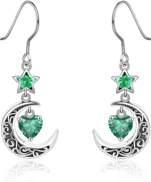 Shysnow Moon Birthstone Earrings for Women 925 Sterling Silver Half Moon Star Dangle Drop Earrings with Heart Crystal Birthday Jewelry for Women