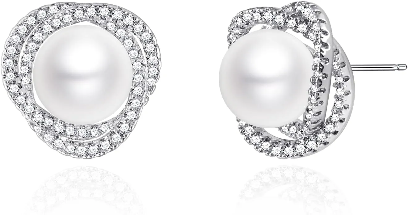 Silver Pearl Stud Earrings, 10MM Pearl with Cubic Zirconia Halo, Hypoallergenic 925 Sterling Silver Post