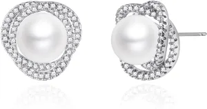 Silver Pearl Stud Earrings, 10MM Pearl with Cubic Zirconia Halo, Hypoallergenic 925 Sterling Silver Post