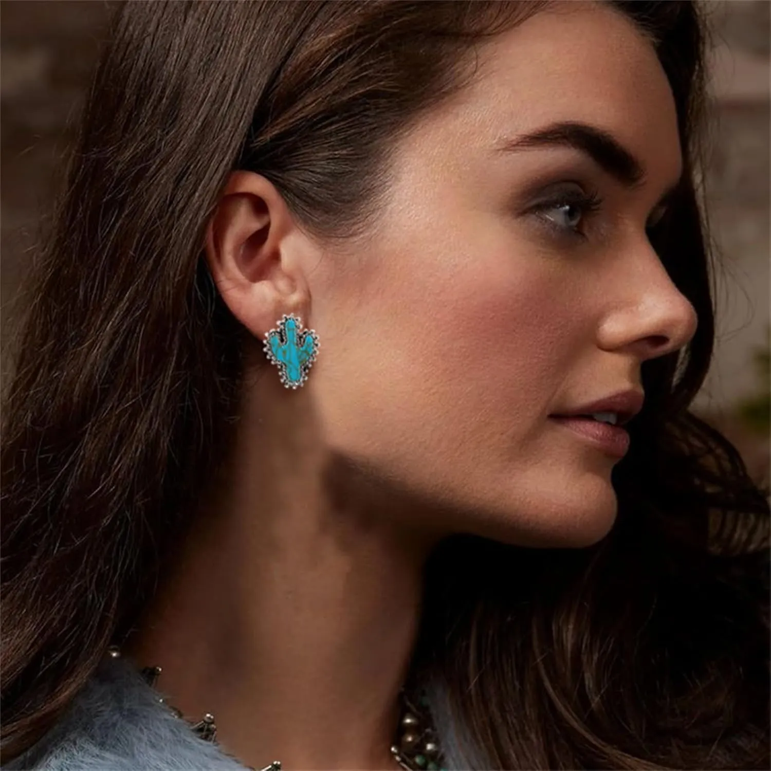Silver Western Charm Stud Earrings Bohemian Natural Turquoise Silver Cowboy Hat Cactus Boots Earrings Retro Bullhead Flower Earrings Ethnic Jewelry for Country Girl Gift (Cactus)