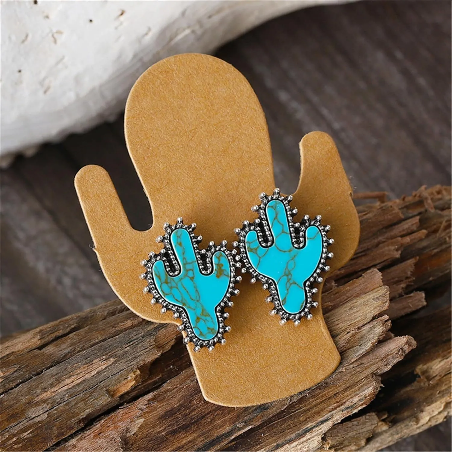 Silver Western Charm Stud Earrings Bohemian Natural Turquoise Silver Cowboy Hat Cactus Boots Earrings Retro Bullhead Flower Earrings Ethnic Jewelry for Country Girl Gift (Cactus)