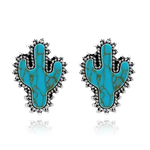 Silver Western Charm Stud Earrings Bohemian Natural Turquoise Silver Cowboy Hat Cactus Boots Earrings Retro Bullhead Flower Earrings Ethnic Jewelry for Country Girl Gift (Cactus)