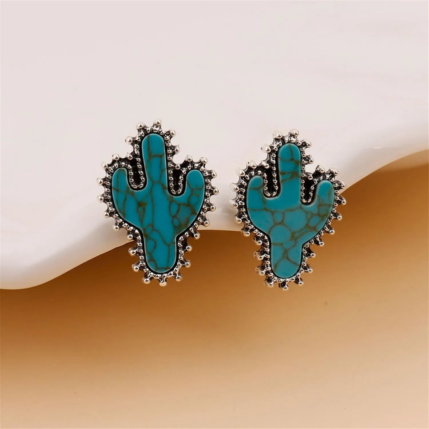 Silver Western Charm Stud Earrings Bohemian Natural Turquoise Silver Cowboy Hat Cactus Boots Earrings Retro Bullhead Flower Earrings Ethnic Jewelry for Country Girl Gift (Cactus)