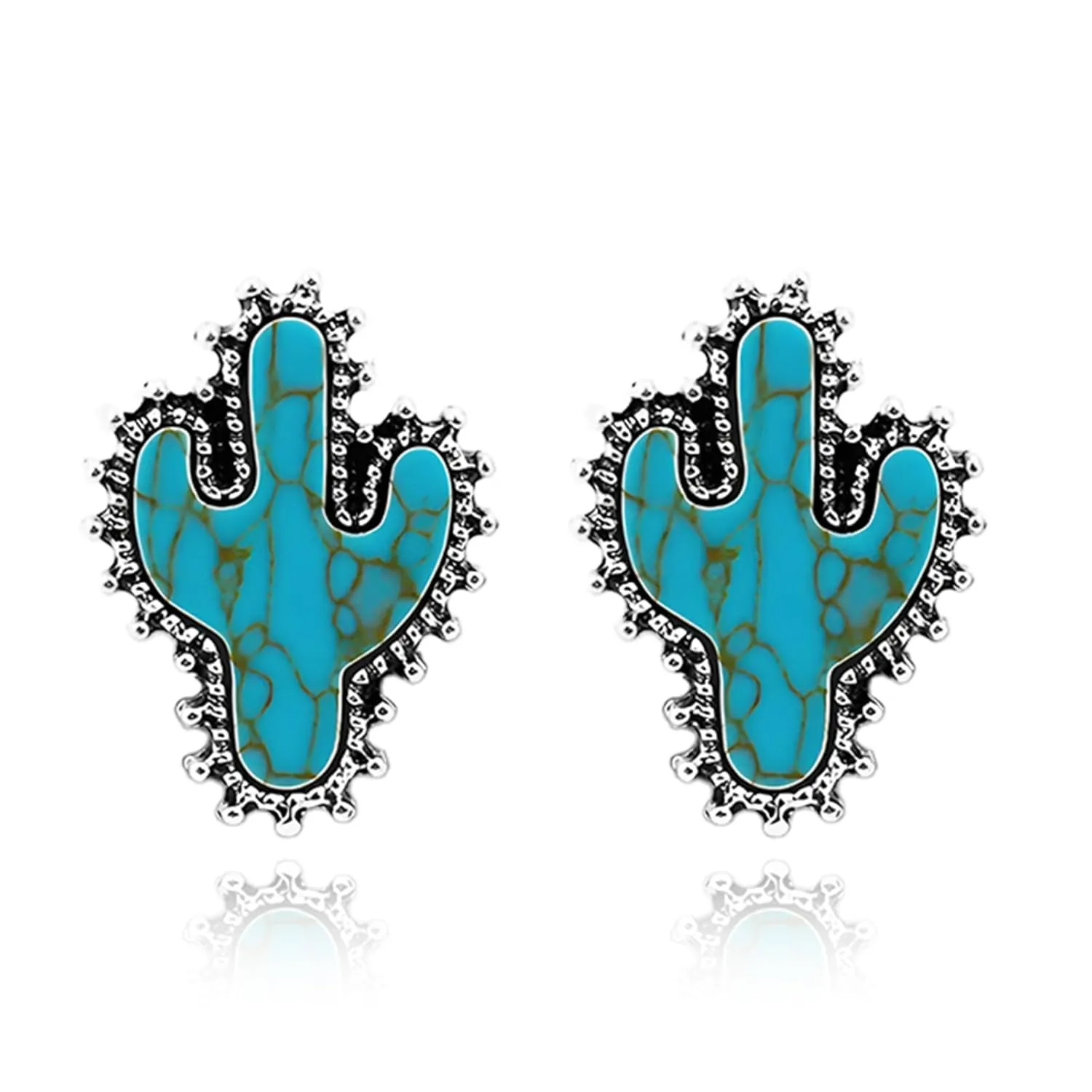 Silver Western Charm Stud Earrings Bohemian Natural Turquoise Silver Cowboy Hat Cactus Boots Earrings Retro Bullhead Flower Earrings Ethnic Jewelry for Country Girl Gift (Cactus)