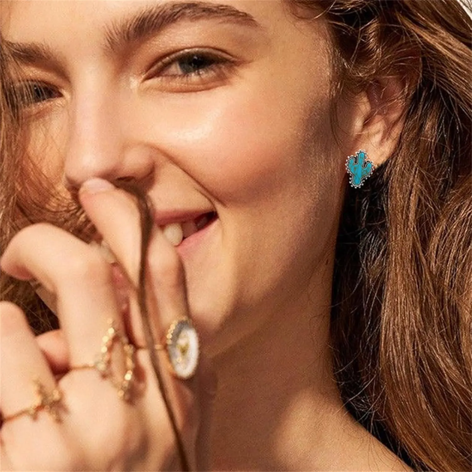 Silver Western Charm Stud Earrings Bohemian Natural Turquoise Silver Cowboy Hat Cactus Boots Earrings Retro Bullhead Flower Earrings Ethnic Jewelry for Country Girl Gift (Cactus)