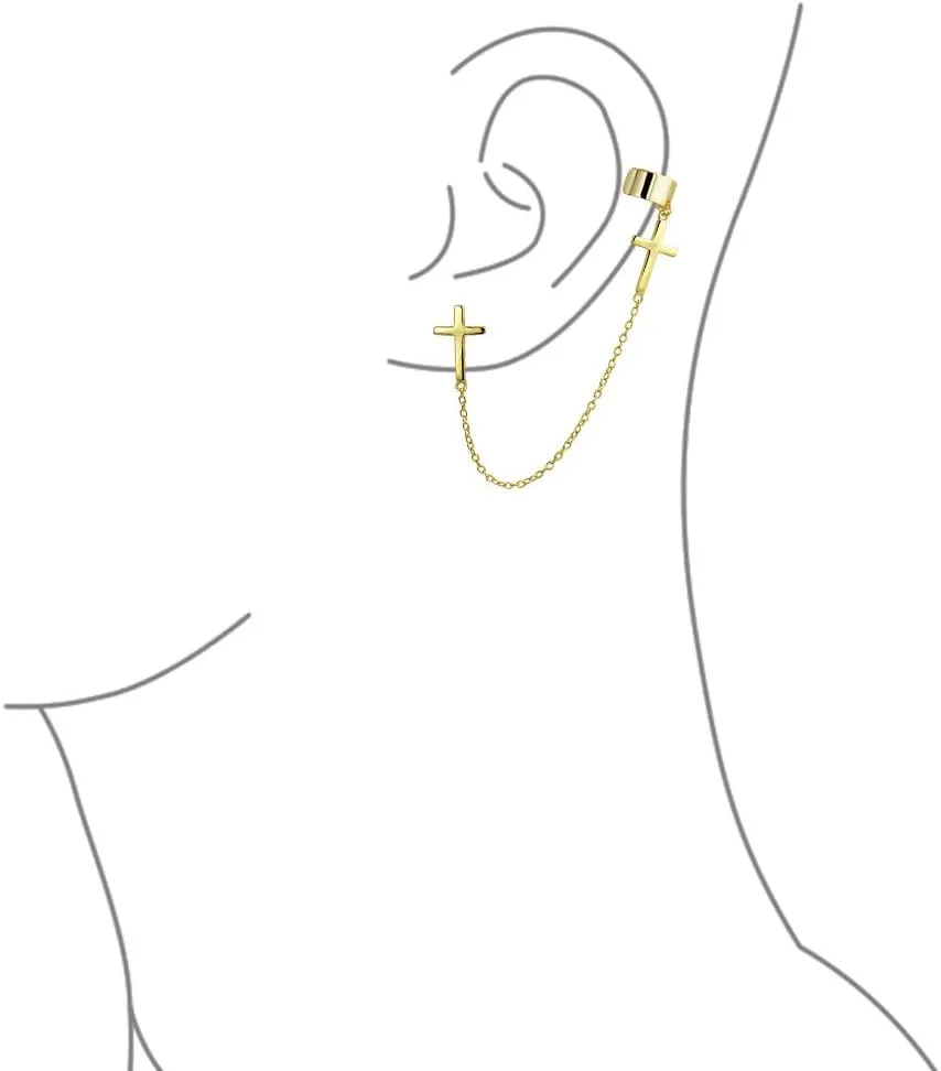 Simple Religious Cross Threader Long Chain Ear Cuff & Stud Earring Set For Women Teen Rose Gold Plated .925 Sterling Silver