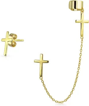 Simple Religious Cross Threader Long Chain Ear Cuff & Stud Earring Set For Women Teen Rose Gold Plated .925 Sterling Silver