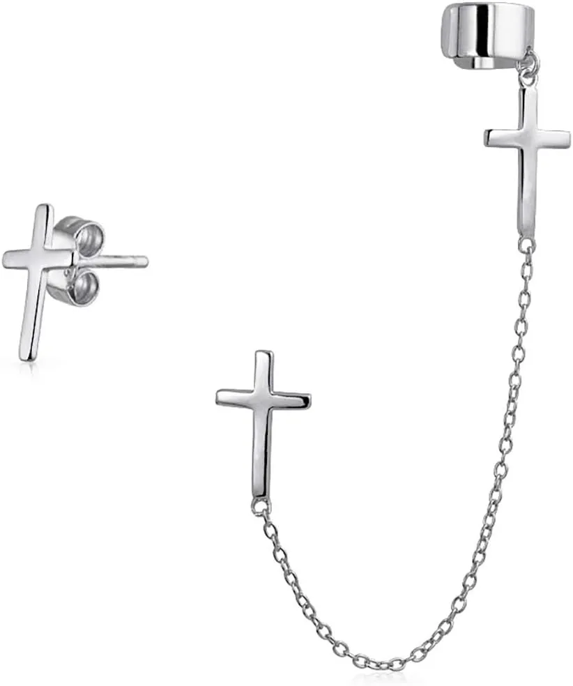 Simple Religious Cross Threader Long Chain Ear Cuff & Stud Earring Set For Women Teen Rose Gold Plated .925 Sterling Silver