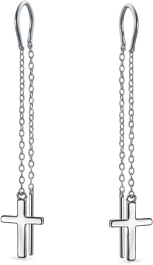 Simple Religious Cross Threader Long Chain Ear Cuff & Stud Earring Set For Women Teen Rose Gold Plated .925 Sterling Silver