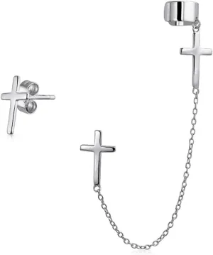 Simple Religious Cross Threader Long Chain Ear Cuff & Stud Earring Set For Women Teen Rose Gold Plated .925 Sterling Silver