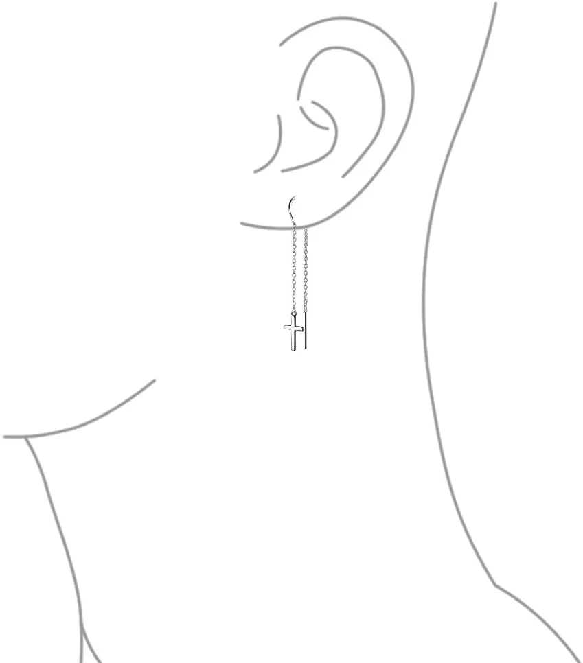 Simple Religious Cross Threader Long Chain Ear Cuff & Stud Earring Set For Women Teen Rose Gold Plated .925 Sterling Silver