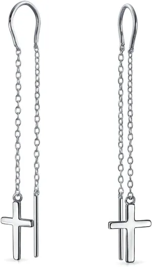 Simple Religious Cross Threader Long Chain Ear Cuff & Stud Earring Set For Women Teen Rose Gold Plated .925 Sterling Silver