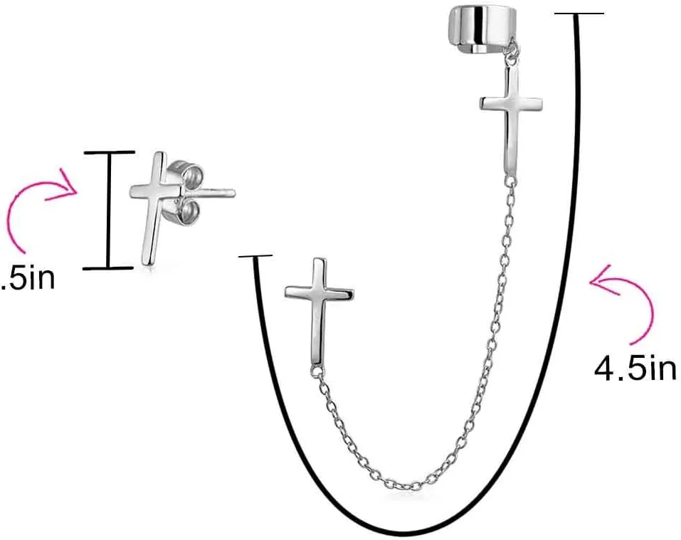 Simple Religious Cross Threader Long Chain Ear Cuff & Stud Earring Set For Women Teen Rose Gold Plated .925 Sterling Silver