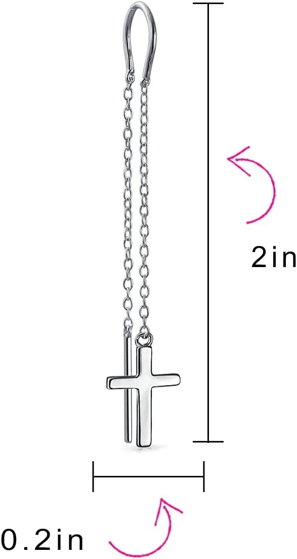 Simple Religious Cross Threader Long Chain Ear Cuff & Stud Earring Set For Women Teen Rose Gold Plated .925 Sterling Silver