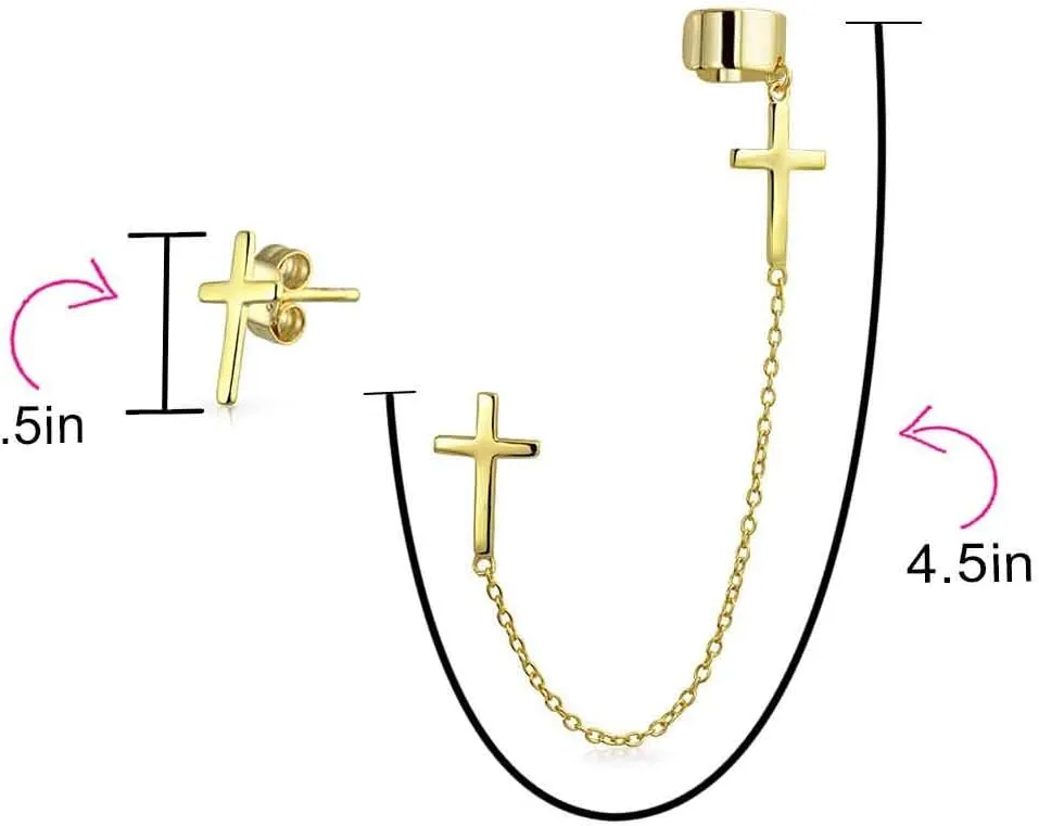Simple Religious Cross Threader Long Chain Ear Cuff & Stud Earring Set For Women Teen Rose Gold Plated .925 Sterling Silver