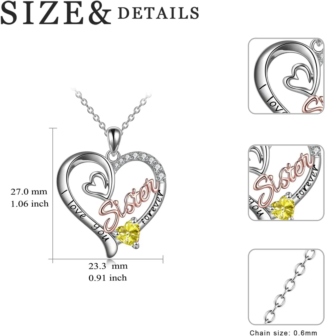 Sister Necklaces 925 Sterling Silver Birthstone Pendant I Love You Forever Sister Birthday Jewelry, Personalized Sisters Gifts for Women